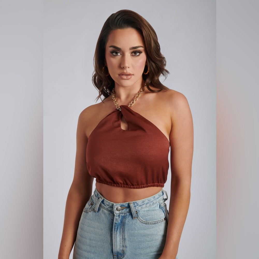 Meshki Esta Chain Halter Twist Crop - Chocolate